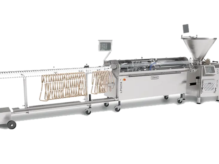 Vemag HP10E + LPG 218 + AH 219  | Vemag højkapacitets pølselinje med ophænger | Pølsestopper og pølsesprøjte til fødevareindustrien | Nemco